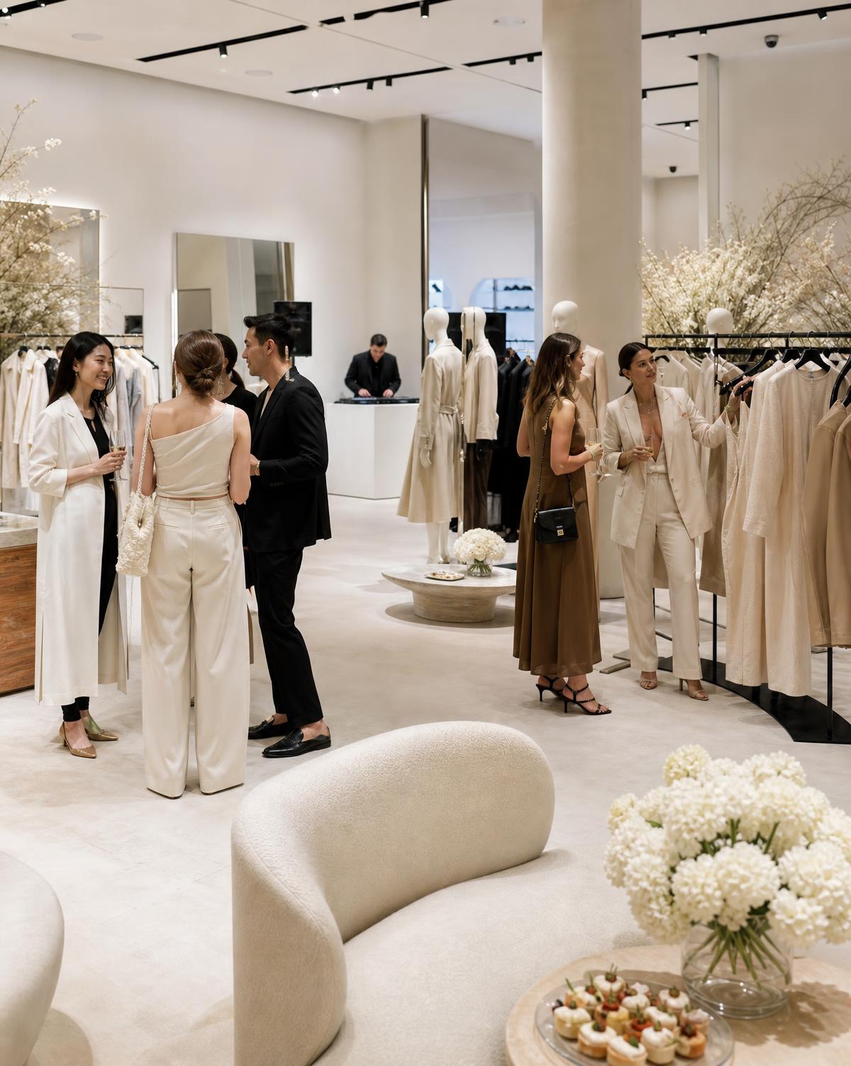 Invitation-only luxury fashion collection preview with guests, DJ and canapés in a bright gallery venue