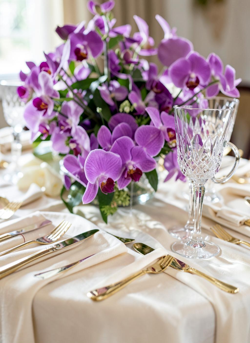 Close-up of luxury table styling with purple orchids and gold cutlery