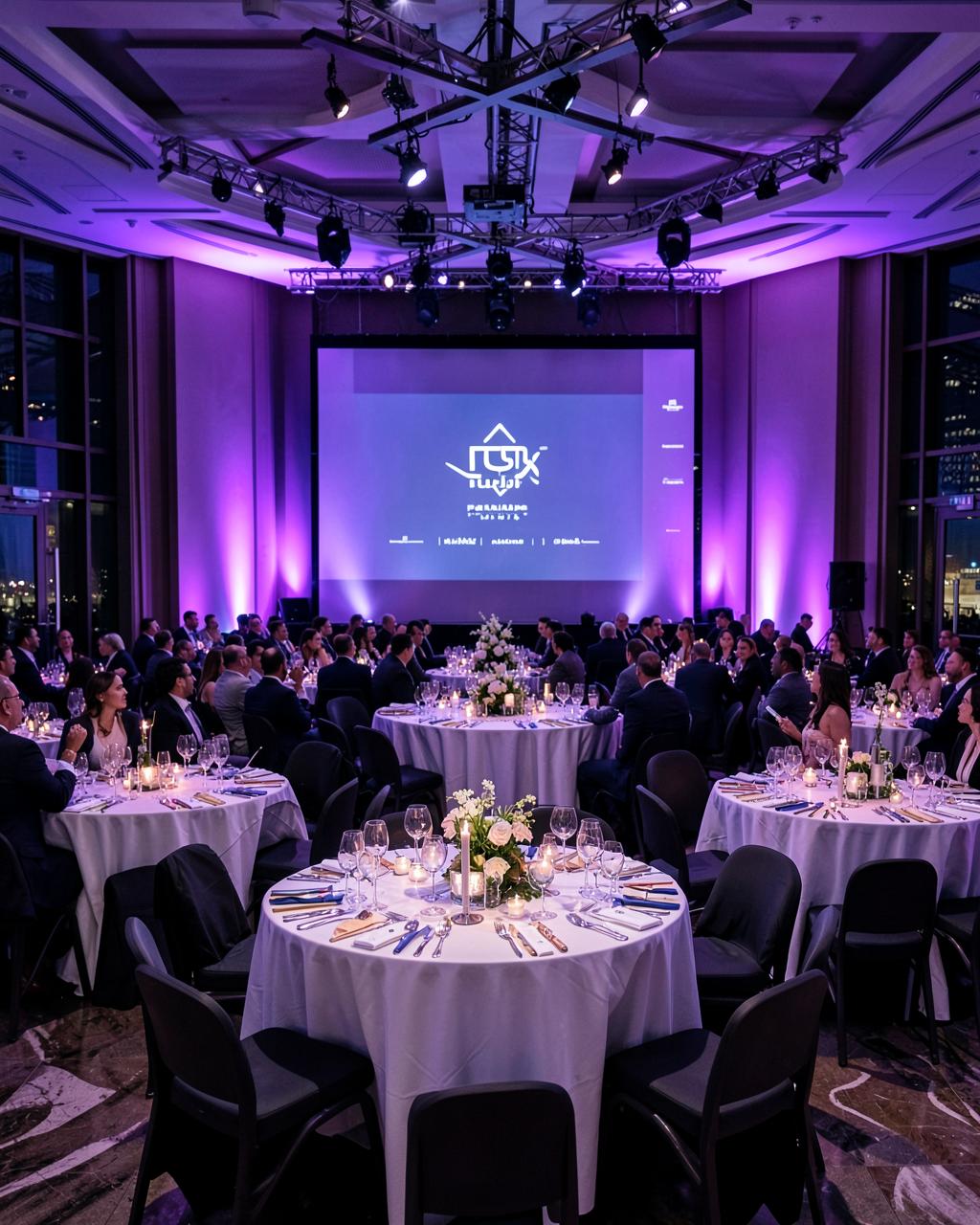 Corporate gala dinner in a Dubai ballroom with purple stage lighting